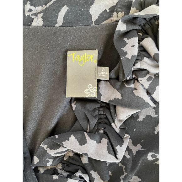 Taylor Ruffle Front Black Grey Sleeveless Sheath Abstract Floral Dress, Size 8 - Picture 3 of 6